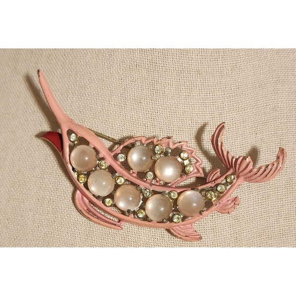 Unbranded Jewelry - Rare VTG Pink Enamel Swordfish Marlin Brooch Moonstone Rhinestone Nautical READ